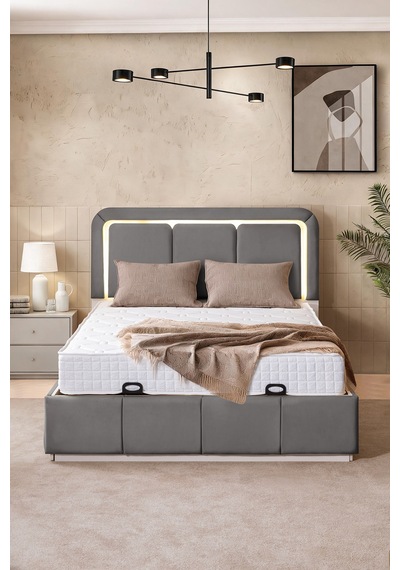 Demonte Baza Seti, Nox Ledli Çift Kişilik Baza Başlık Seti - İkili Set, Gri - 160x200 Cm 160 x 200