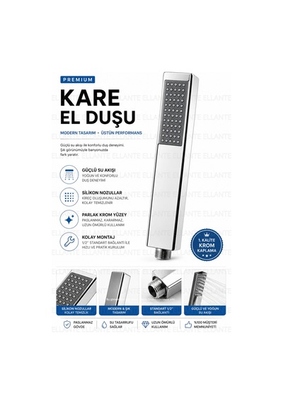 Kare El Duşu Başlığı Krom Paslanmaz Güçlü Su Akışlı Silikon Nozullu 1/2'' Universal Bağlantı Çok Renkli