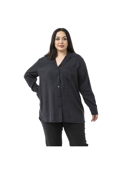 Disentis Büyük Beden Göğüste Tek Cepli Siyah Gömlek Siyah
