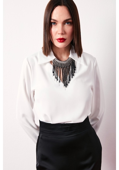Sateen Kolyeli Salaş Bluz - Ekru-134624 Ekru