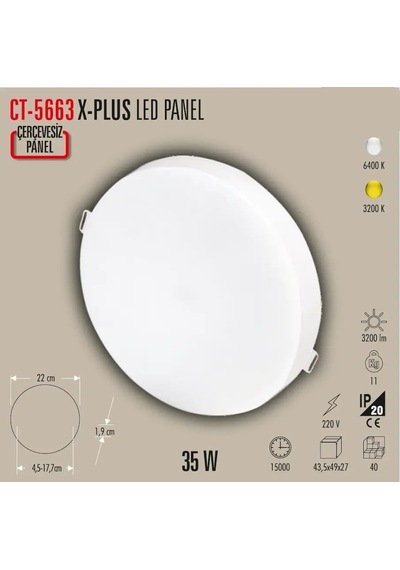 Cata Ct-5661b Xplus Ayarlanabilir Led Panel 20w - Delik Çapı Ayarlanabilir Sıva Altı Tavan Armatürü - 6400k Beyaz Diğer