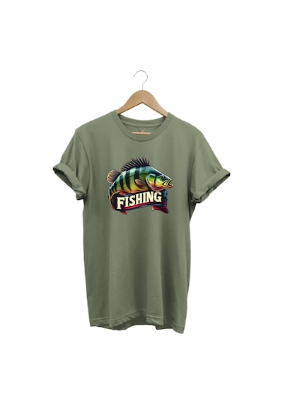 Fishing Balıkçılık Baskılı Levrek Balığı %100 Pamuk Regular Fit Bisiklet Yaka Haki T-shirt Haki