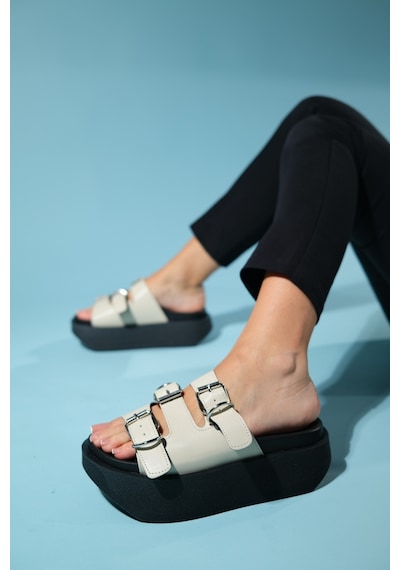 Luvishoes Olava Bej Tokalı Kadın Kalın Tabanlı Terlik Bej