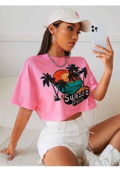 Flood Of Style Kadın Pudra Pembe Sunset Baskılı Oversize Crop