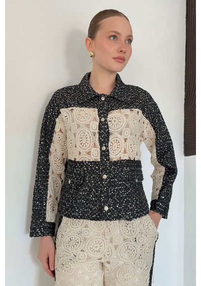 Verymoda Dantel Detatlı Kot Ceket F1758 Ham Siyah