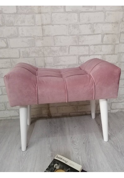Pudra Rengi Puf Ahşap Beyaz Ayak Çima Dikiş Spor Modern Tasarım