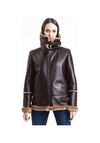 M M Marki Marki Kadın Kahverengi Vintage Deri Mont, Kahverengi Kürklü, Balıkçı Yaka, Oversize - 105222 Siyah Kahverengi
