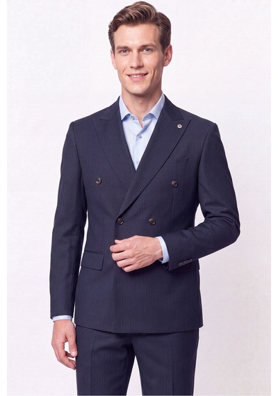Efor Slim Fit Çift Yırtmaç %95 Pamuk Sık Çizgili Lacivert Kruvaze Takım Elbise Tk 944