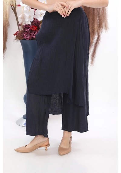 Bohem Stil İtalyan Ham Keten Pantolon Etek-8747 Lacivert
