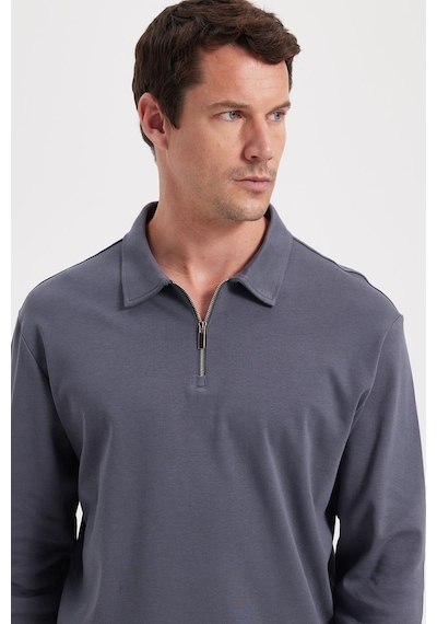 Tudors Erkek Relax Fit Rahat Kesim %100 Pamuk Yarım Fermuarlı Polo Yaka İnterlok Antrasit Sweatshirt-42172 Antrasit