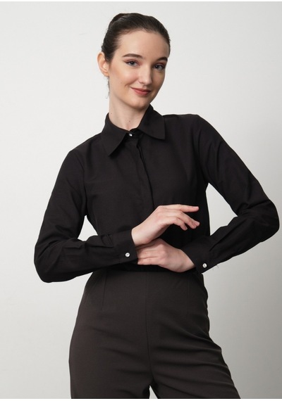 Pera Moda Kadın Slim Fit Pamuklu Ofis Gömleği Koyu Siyah