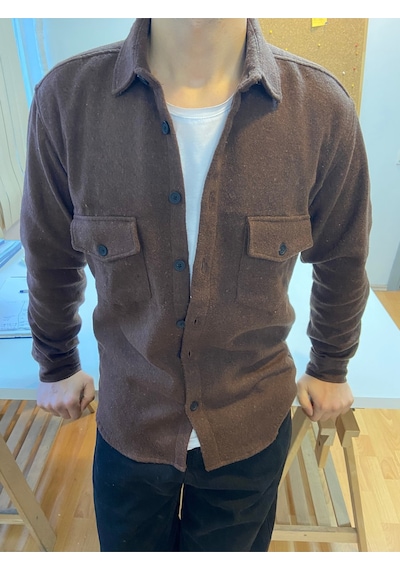 Koyu Kahverengi Erkek Slim Fit Düğmeli Yaka Çift Cepli Düz Oduncu Gömlek Kahverengi