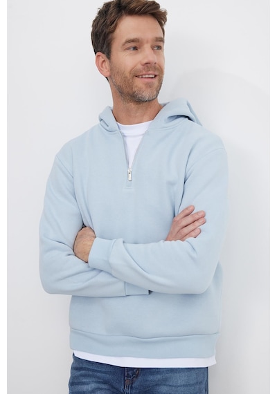Tudors Unisex Relax Fit Rahat Kesim Pamuklu İçi Polarlı Yarım Fermuarlı Mavi Kapüşonlu Sweatshirt-37029