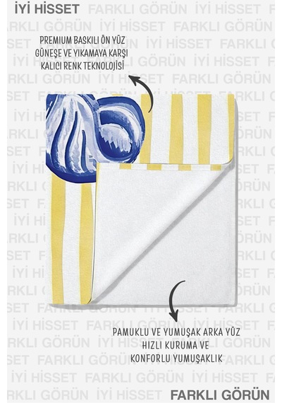 Deniz Kabuğu Çizgili Plaj Havlusu - Marine Akdeniz Sarı Lacivert Havuz Ve Banyo Mikrofiber Havlu Mat Kıyısı