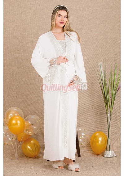 Lady Ekru Renk Dantel Detaylı 33501 Sabahlıklı 2li Hamile Gecelik Takım Set