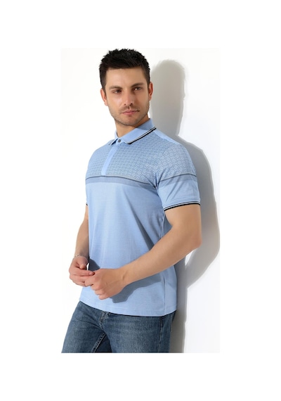 Rıbana Classıc Fermuar Detaylı Desenli Pamuklu Polo Yaka T-shirt Mavi