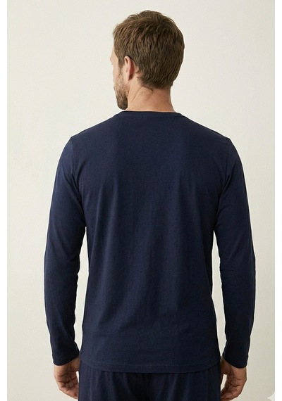 Elemge %100 Pamuk Süprem Uzun Kollu Pijama Üstü Erkek T-shirt Compact Penye Rahat Kalıp Tok Kumaş Lacivert