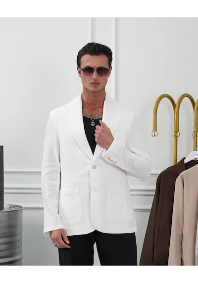 Modefendi %100 Pamuk Keten Modern Fit Keten Ceket Beyaz