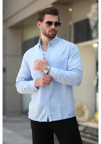 Madmext Bebe Mavisi Uzun Kollu Oversize Erkek Gömlek 6735 Bebe Mavisi