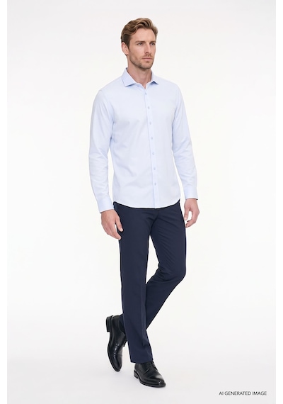 AC&Co / Altınyıldız Classics Erkek Mavi Kolay Ütülenebilir Slim Fit Dar Kesim İtalyan Yaka Armürlü Gömlek Mavi