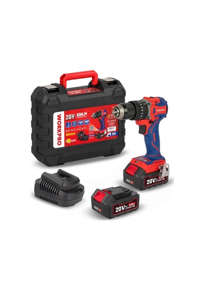 Workpro Wp390020 20volt 4.0ah Li-ion 65nm. Çift Akülü Kömürsüz Profesyonel Şarjlı Darbeli Matkap