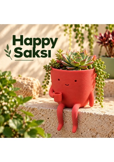 Happy Saksı Kırmızı Oturan Figürlü Dekoratif Saksı