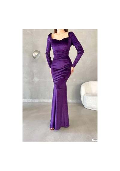 Store Kadın İnce Kare Yaka Balık Kesim Uzun Kollu Abiye Elbise Mor - 935592126 Mor