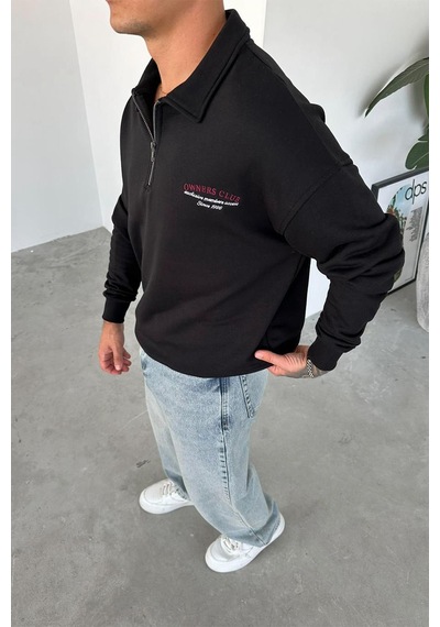 Siyah Ow Nakış Yarım Fermuarlı Sweatshirt Siyah