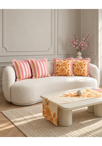 Vintage Gül Desenli Pembe Desenli Runner + 4 Lü Saçaklı Kırlent K 45 x 45