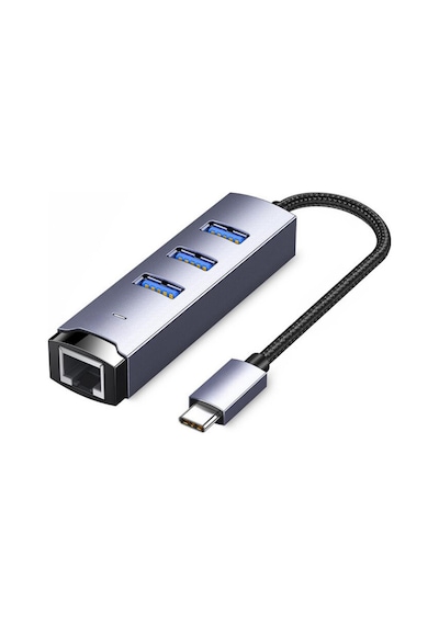Polham Jazos 4in1 Type C To 1x 5gbps Rj45 Ve 3x Usb Çoğaltıcı Okuyucu Adaptör, Klavye, Mouse Okuyucu Siyah