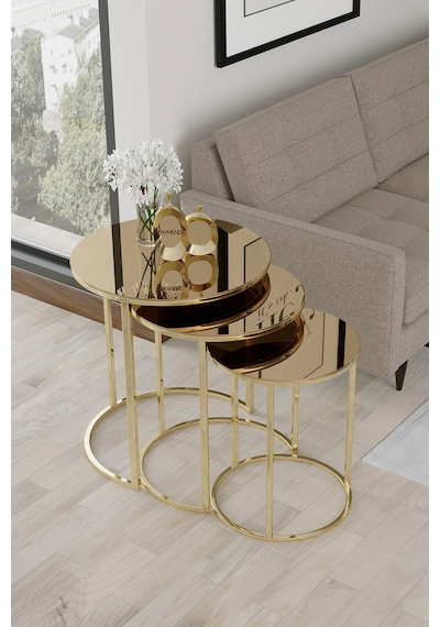 Faymend 3'lü Gold Zigon Sehpa Bronz Aynali Bronz Aynali
