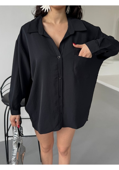 Paw Garage Kadın Perla Siyah Tek Cepli Oversize Gömlek, Geniş Kalıp Gömlek, Ayrobin Gömlek Siyah