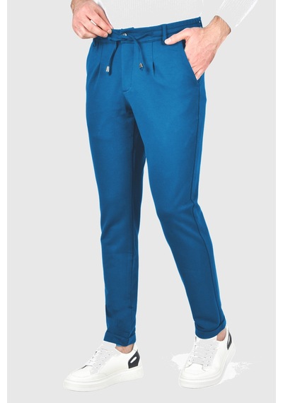 Deepsea Erkek Mavi Beli Lastikli Slim Fit Likralı Duble Paça Penye Spor Pantolon 2502385 Mavi