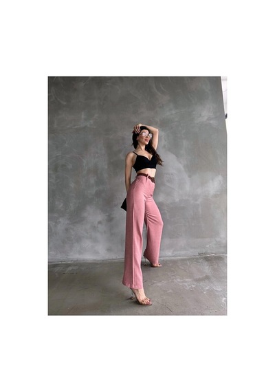 Nido Moda Beli Kemerli Keten Pantolon Pembe