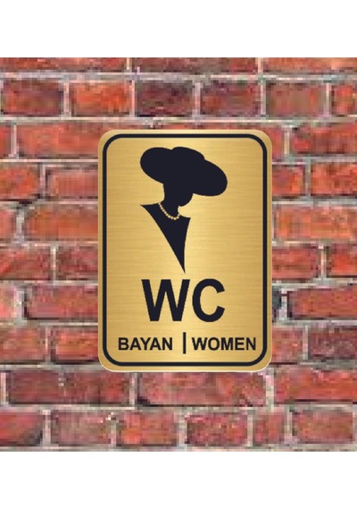 Şapkalı Women Wc Yazılı Metal Yönlendirme Levhası 15x15 Cm Altın