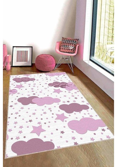 Pembe Kaymaz Tabanlı Yıkanabilir Bulutlu Bebek Halısı Kd026n11