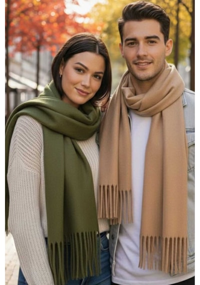 Tezzgelsin Unisex Yumuşak Dokulu Püsküllü Kışlık Buklet Atkı Şal 2'li Set Yeşil - Bej