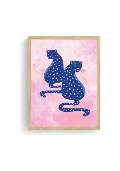 Doğal Ahşap Çerçeveli Retro Kedi Tablo - Nokta Desenli Pop Art Huhu2318