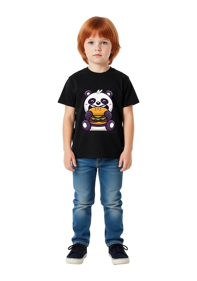 Paybuy Çocuk Karikatür Panda Burger Baskılı Kısa Kollu Tişört %100 Pamuk Siyah