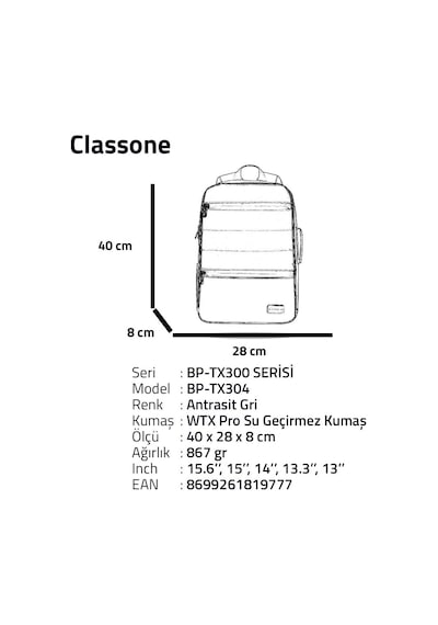 Classone BP-TX304 Combo Serisi 15.6" Su Geçirmez Kumaş Ve Fermuar