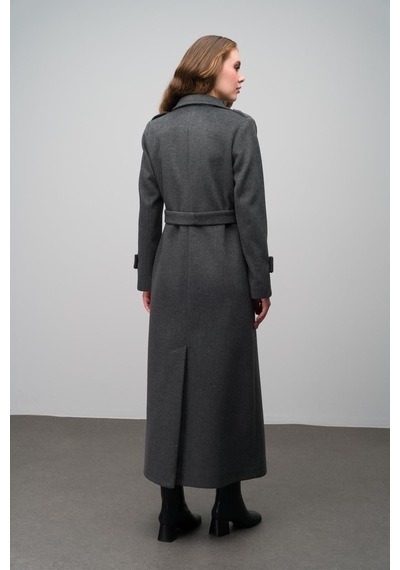 Olcay Apolet Detaylı Kruvaze Uzun Boy Kaban Koyu Gri 3056