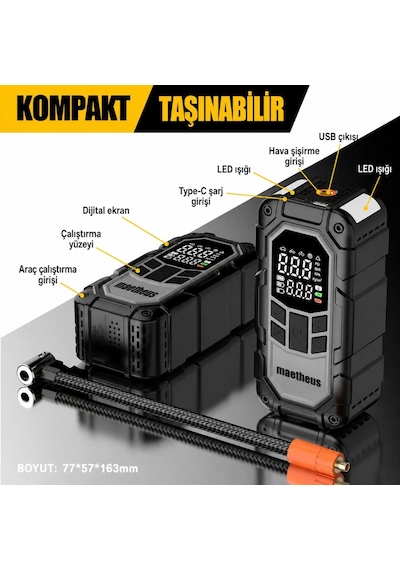 4in1 Akü Takviye Ateşleyici Lastik Şişirme Kompresörü Powerbank Led Işık 150 Psı 8000mah
