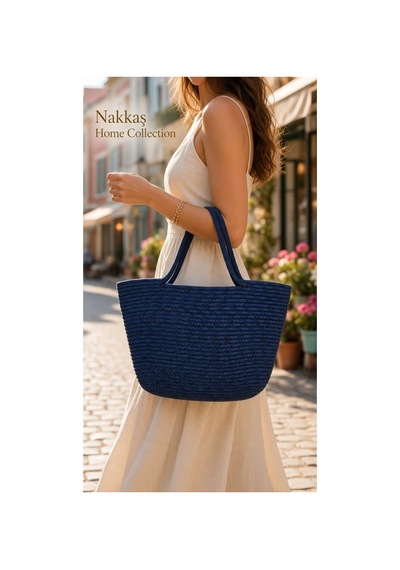 Nakkaş Home Collection Jüt Çanta Kadın Hasır Çanta, Plaj Çantası, Omuz Ve Günlük Kullanım Çantası-lacivert-45x30 Cm