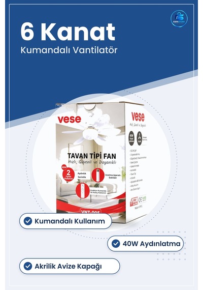 Tavan Vantilatörü 6 Kanatlı Kumandalı 2in1 Avize 40w Aydınlatma S