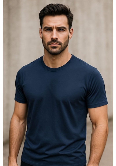 Rich Erkek %100 Pamuk Slim Fit Tişört Basic Bisiklet Yaka Kısa Kollu T-shirt Lacivert