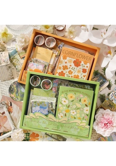 Vintage Çiçek Desenli A6 Günlük Ve Ajanda Hediye Seti - Estetik Scrapbooking Ve Günlük Süsleme Kit Kutusu 116 Parça Yeşil