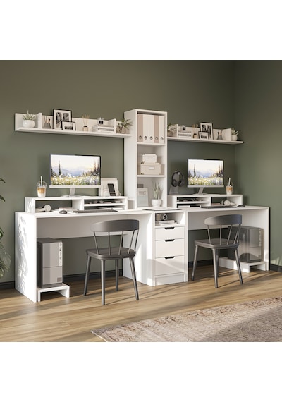 Mode 3 Çekmeceli Kesonlu Çalışma Masası , Raflı Monitör Standlı Çalışma Ofis Masası , Bilgisayar Masası , 2 Adet Raflı Çalışma Masası Mat Beyaz
