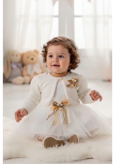 Mnk Baby & Kids Triko Bolerolu Kız Bebek Elbise M00770 Krem