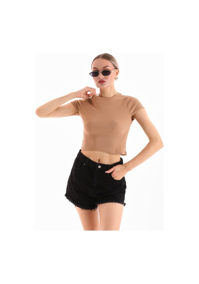 Loısy Kadın Likralı Kısa Kol Crop Bluz CAMEL