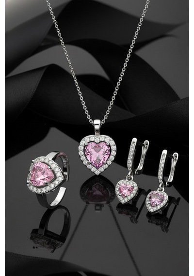 925 Ayar Pembe Taşlı Rodyum Pırlanta Işıltılı Kalp 3'lü Gümüş Set-takım Ayarlanabilir Rs10052 Gümüş